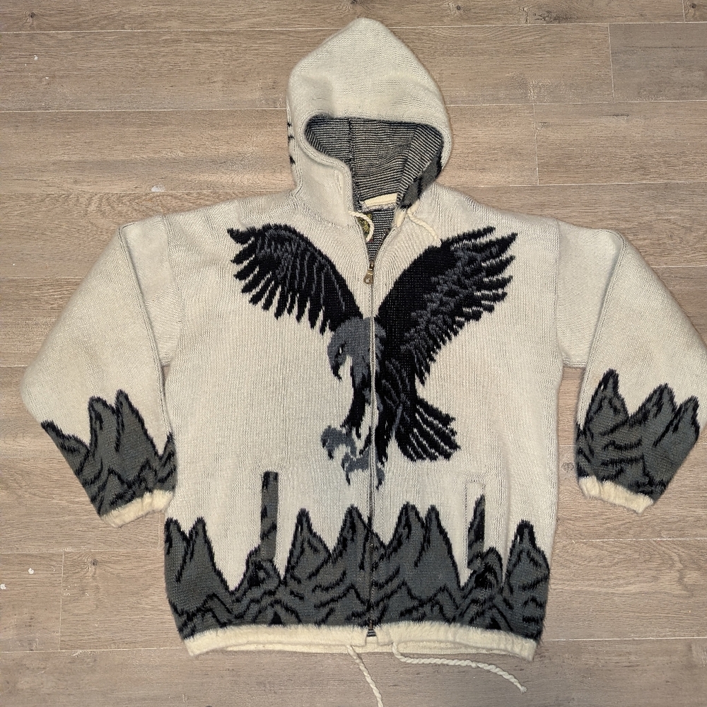 Vintage Eagle Print RUMINAHUI Sweater Full Zip Size L Wool Co